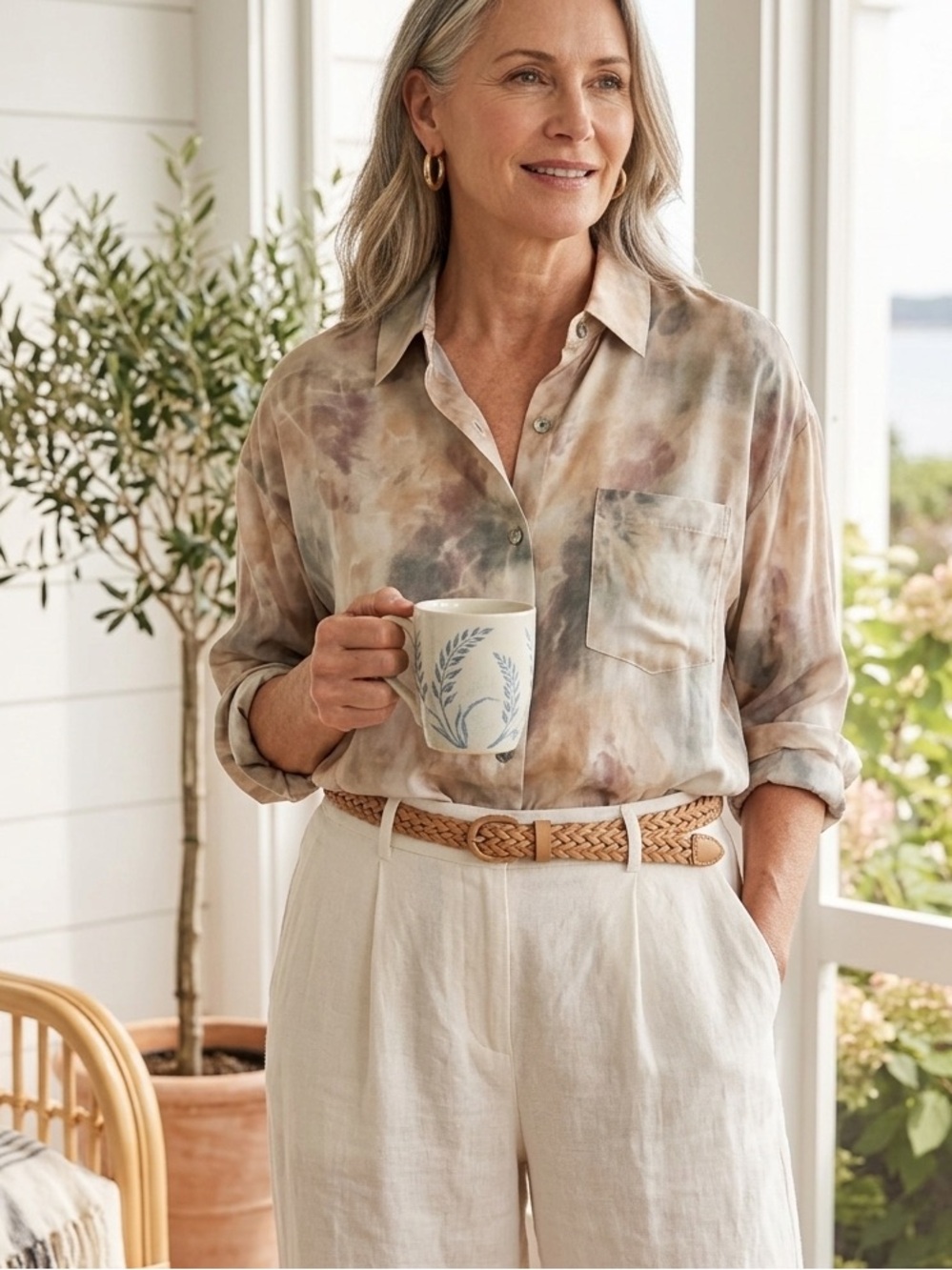 Grade & Gather Silky Boho Tie-Dye Button-Up Shirt‎ in Mauve and Silver size m